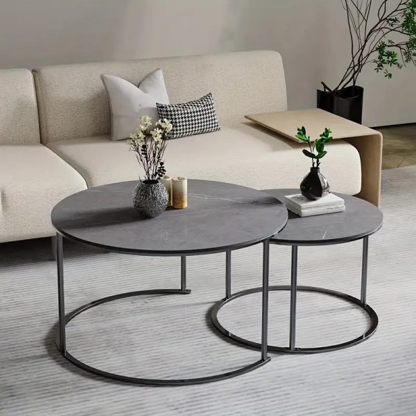 Lot de 2 tables basses rondes en marbre gris